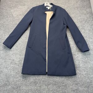 HM Womens Navy Blue Collarless Open Front Duster Coat Minimalist Trench Jacket S